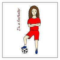 futbolista. un linda niña jugando fútbol. niña en pie con un pelota. dibujado a mano garabatear fútbol ilustración. vector