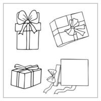 Hand drawn gift boxes. Outlined doodle illustration of boxes with ribbons. Birthday and Christmas presents for decoration, coloring book, Childrenbooks vector