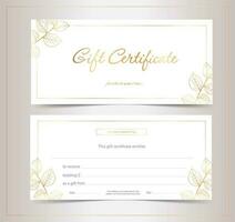 Gift voucher for beauty salon, shop, spa with hand-drawn tree leaves. White and gold elegant gift certificate. Fully editable. vector