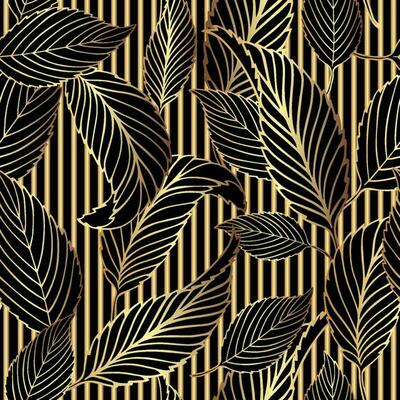 Art deco vintage seamless pattern with mix of golden stripes and linear leaves on black background. Luxury detailed line art plant and geometric elements