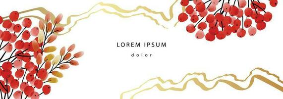 Autumn banner with berries and golden waves on white background. Template with watercolor viburnum, rowan, leaves and marble effect gold curves vector