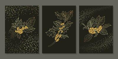 Set of luxury christmas gold wall art. Golden shiny holly tree branches. Minimalist linear plant with glitter effect on black background vector