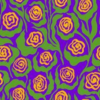 Seamless pattern with hand drawn decorative floral motif. Abstract yellow spiral roses, leaves on violet background vector