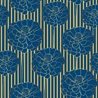 Art deco vintage seamless pattern. Mix of Golden stripes and floral elements on blue background. Luxury dark blue flower stem with gold outline vector