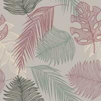 Tropical linear seamless pattern with monstera, palm leaf, fern, branches on beige background. Line art  with different leaves vector