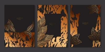 Set of luxury template with bronze scribble texture and autumn leaves with veins on black background. Artistic covers design, poster, banner vector