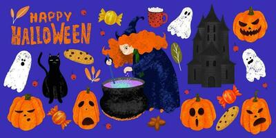 Set of Halloween objects. Happy Halloween lettering, witch cooking the potion in the cauldron, pumpkins, dark castle, house of ghosts, cookie, candy, mug of cocoa, black cat, autumn leaves vector