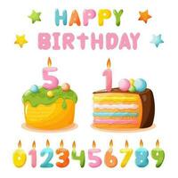 A piece of cake and a cake with candles in the form of numbers and a colorful inscription happy birthday. vector