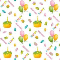 Seamless pattern for birthday. Gifts, cake, balloons vector