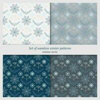 Set of seamless patterns with snowflakes, fir branches, berries. Christmas Line art. vector