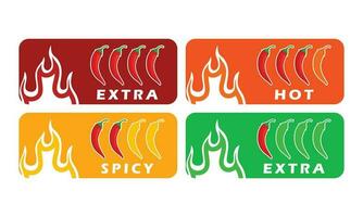 Spicy chili pepper hot fire flame icons. Extra, hot, spciy, mild spiciness level. vector spicy food level icons