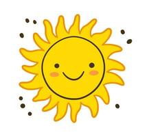 Doodle sun icon. Hand drawn smile yellow sun with rays symbol. Doodle children drawing. Hand drawn star character. Hot weather sign. Vector illustration isolated on white background