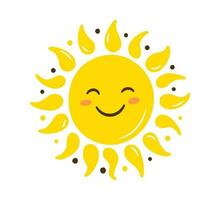 Doodle sun icon. Hand drawn smile yellow sun with rays symbol. Doodle children drawing. Hand drawn star character. Hot weather sign. Vector illustration isolated on white background