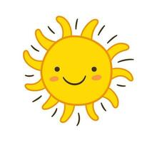 Doodle sun icon. Hand drawn smile yellow sun with rays symbol. Doodle children drawing. Hand drawn star character. Hot weather sign. Vector illustration isolated on white background