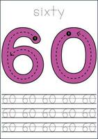 Vector numbers tracing worksheet for kids - tracing dashed lines and numbers