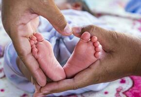 Newborn baby feet in female hands shaped like a cute heart. photo