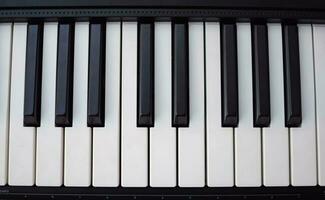 Close-up of piano keys. Piano black and white keys and Piano keyboard musical instrument placed at the home balcony during sunny day. photo