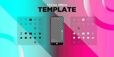 Social media landing concept, Social media template. App interface with set of icons and transparent screen, Space for photo or video. EPS 10 vector illustration.