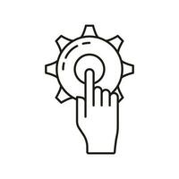 Hand point click setting gear online digital technology icon, setup online database cloud outline flat vector illustration, isolated on white.