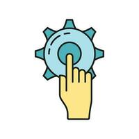 Hand point click setting gear online digital technology icon, setup online database cloud outline flat vector illustration, isolated on white.