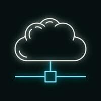Data exchange cloud icon glow neon style, remote info storage, database computer information outline flat vector illustration, isolated on white.