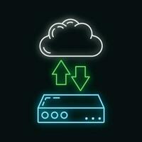 Data exchange cloud icon glow neon style, remote info storage, database computer information outline flat vector illustration, isolated on white.