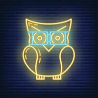 Smart knowledge owl icon glow neon style, educational institution process, back to school outline flat vector illustration, isolated on black.