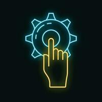 Point click setting gear online technology icon neon glow style, setup online database cloud outline flat vector illustration, isolated on white.