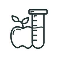 Scientific laboratory flask with apple icon, educational institution process, back to school outline flat vector illustration, isolated on white.