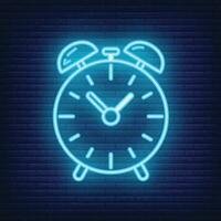 Alarm clock icon glow neon style, educational institution process, back to school outline flat vector illustration, isolated on black.