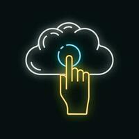 Data exchange cloud icon glow neon style, remote info storage, database computer information outline flat vector illustration, isolated on white.