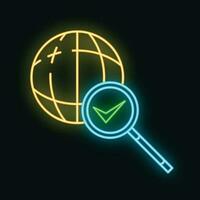 Search information in global internet icon glow neon style, online computer database cloud outline flat vector illustration, isolated on white.