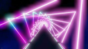 Moviente adelante dentro futurista túnel con giratorio triangular ultravioleta neón luces, estrellas y espacio en antecedentes - 3d 8k sin costura lazo animación video