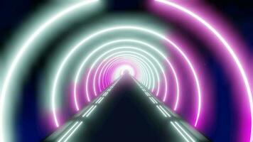 Moving Forward Inside Futuristic Tunnel With Round Ultraviolet Neon Lights - 3D 8k Seamless Loop Animation video