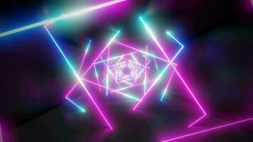 fliegend Innerhalb geometrisch futuristisch Tunnel mit glühend rechteckig ultraviolett Neon- Beleuchtung - - 3d 8 Tausend nahtlos Schleife Animation video