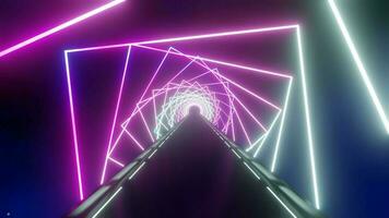 in movimento inoltrare dentro futuristico tunnel con rotante rettangolare ultravioletto neon luci, stelle e spazio nel sfondo - 3d 8 mila senza soluzione di continuità ciclo continuo animazione video