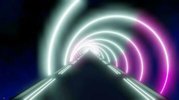 Moviente adelante dentro futurista túnel con redondo ultravioleta neón luces - 3d 8k sin costura lazo animación video