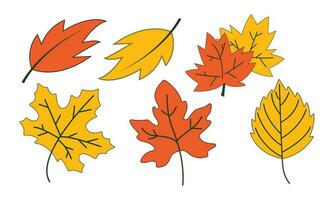 Autumn leaves set, isolated on white background. Simple cartoon flat style. Isolated vector illustration. Design for stickers, logo, web and mobile app.