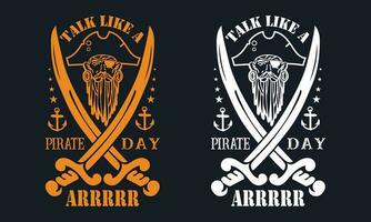 hablar me gusta un pirata día arrrrr t camisa diseño vector. cráneo en pirata pañuelo con cuchillo en boca. impresión para camiseta, tipografía, Clásico gráfico impresión para t camisa , moda, pegatina, carteles y otro vector