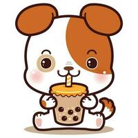 Cute dog sitting drinking boba milk tea. Flat Cartoon Style vector