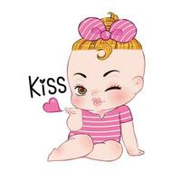 Cute girl cartoon in pink swimsuit Sending Kiss. Vector illustration.