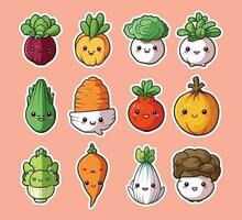 Vector illustration of cartoonish sticker set featuring different types of vegetables