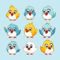 Set of funny birds character in many poses, kawaii mascot vector illustration sticker design