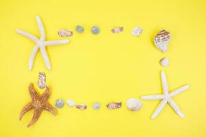 Starfish, shells in form of frame with place for text on yellow background. Vacation, travel concept. Copy space photo