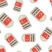 Hang tag made in Turkey with flag seamless pattern background. Business flat vector illustration. Manufactured in Turkey symbol pattern.