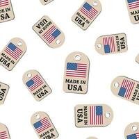 Hang tag made in USA with flag seamless pattern background. Business flat vector illustration. Manufactured in USA symbol pattern.