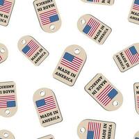 Hang tag made in America with flag seamless pattern background. Business flat vector illustration. Manufactured in America symbol pattern.