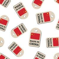 Hang tag made in China with flag seamless pattern background. Business flat vector illustration. Manufactured in China symbol pattern.