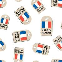 Hang tag made in France with flag seamless pattern background. Business flat vector illustration. Manufactured in France symbol pattern.