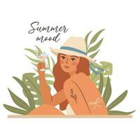 Hola verano, contento mujer en el playa, vector ilustración